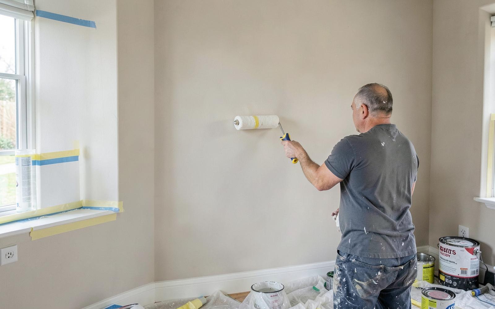 Decorator painting an interior wall with a roller
