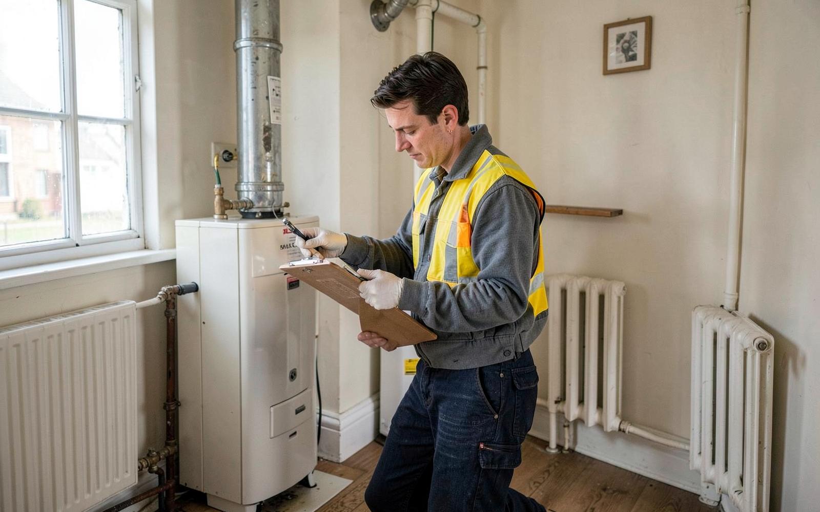 Maintenance engineer checking a boiler and radiator in a rental property
