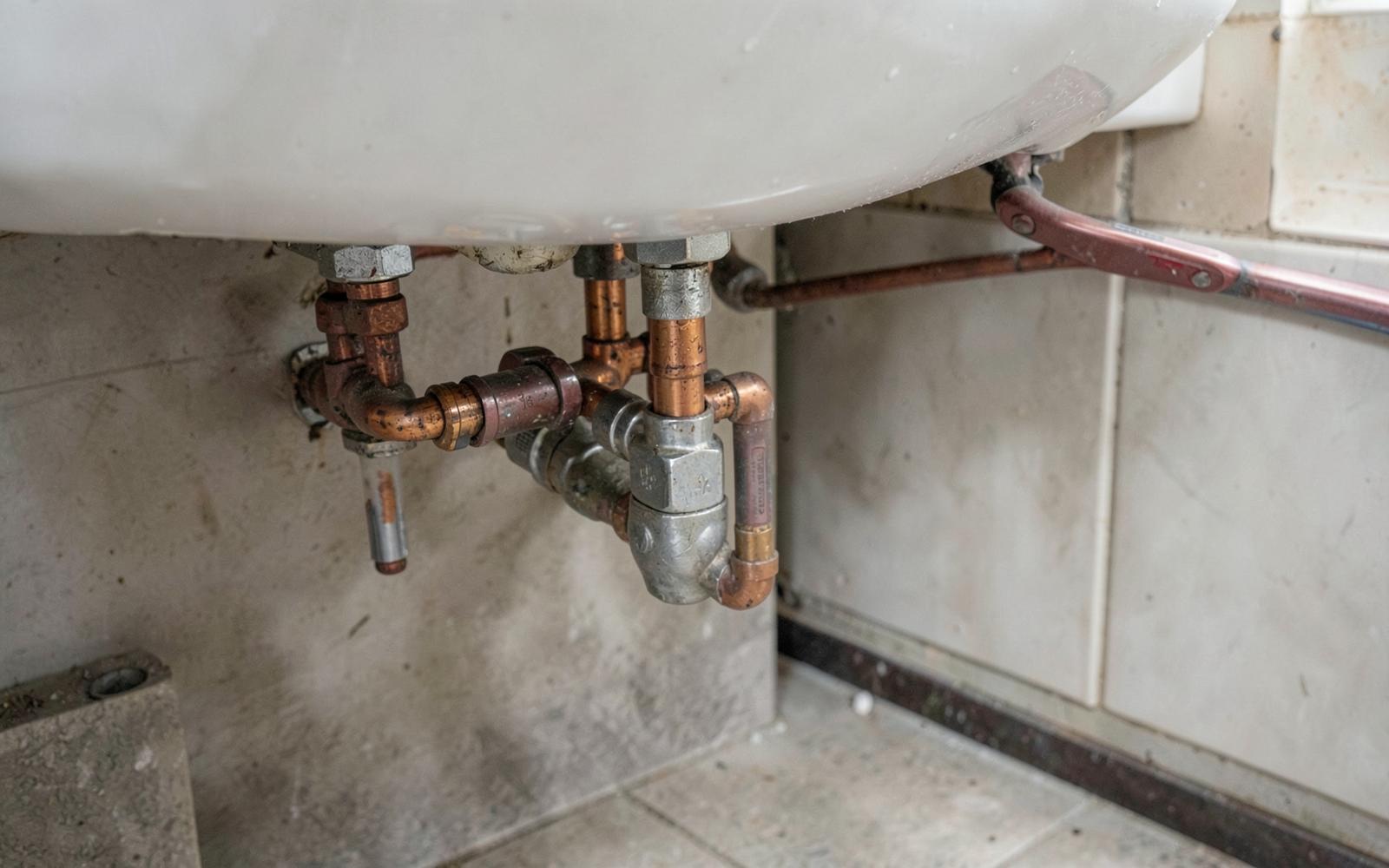 Plumber fitting pipework beneath a bathroom basin